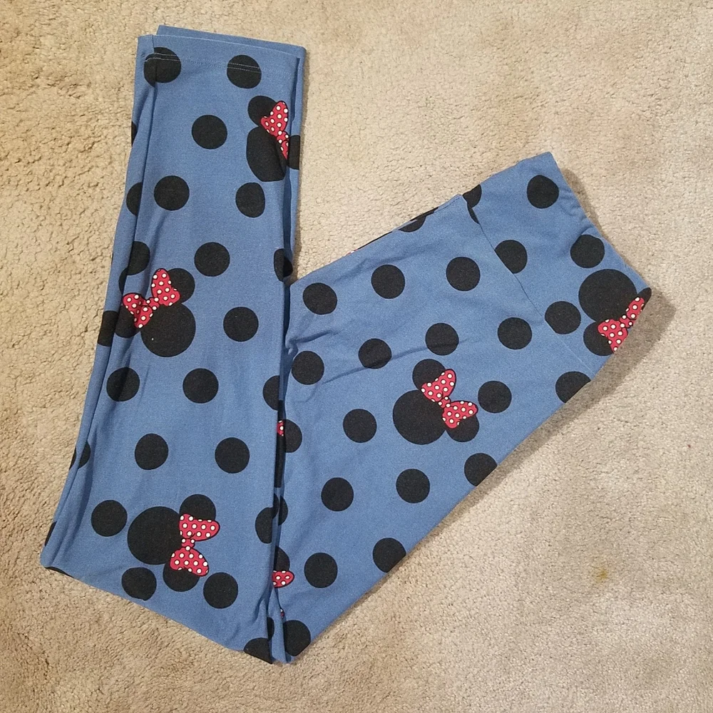 LuLaRoe x Disney Minnie Mouse Blue Leggings Polka Dots One Size Lounge Pants S M - Picture 9 of 9